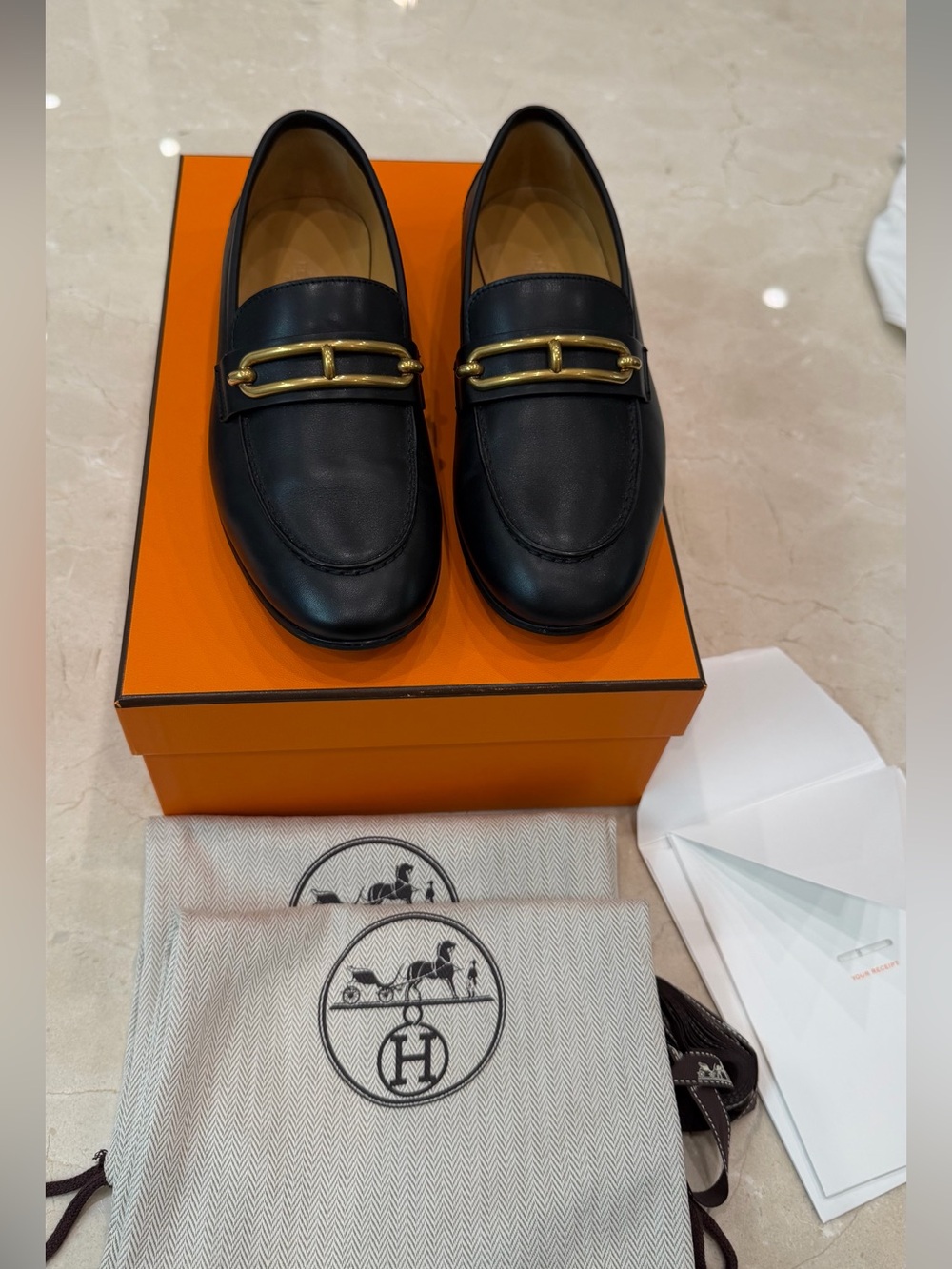 Hermes Colette Loafer; Black with Gold Hardware; Size 36